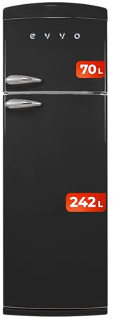 EVVO Frigorífico combi 2 puertas Retro, Diseño Vintage, Less Frost, Capacidad Frigorífico 242L y Congelador 70L, Libre de Gas CFC, Refrigeración Turbo Fan, Crisper Zone (F50 Retro Color Negro)