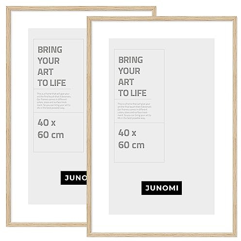 JUNOMI® Lot de 2 cadres photo 40x60 cm bois | Couleur Chêne | Cadre affiche avec verre acrylique incassable | Pour montage mural vertical et horizontal, profil fin