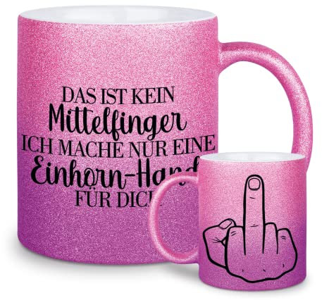 glitzertassen.de® | Einhorn-Hand | Mittelfinger | Tasse mit Glitzer | Geschenkidee | Bürotasse | Lustige Sprüche | Arbeitskollegen | Kaffeebecher | Keramik | 330 ml | Roséviolett