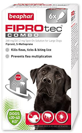 Beaphar - FIPROtec® COMBO for Large Dogs (20-40kg) - 6 pipettes - Kills Fleas, Flea Eggs, Flea Larvae & Ticks - Stops Fleas Multiplying on Pet and in Home - Vet Strength Dog Flea Treatment