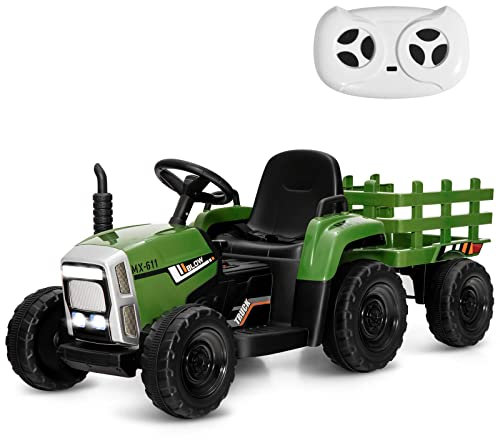 Maxmass Kids Electric Tractor and Trailer, Ride on Tractor with USB & Bluetooth, Toddler 4 Wheels Ride on Toy Car for 3+ Years (Greyish Green with Remote Control)