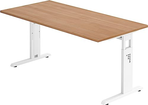 bümö höhenverstellbarer Schreibtisch O-Serie 160x80 cm in Nussbaum, Gestell in weiß - PC Tisch für's Büro manuell höhenverstellbar, Computertisch verstellbar