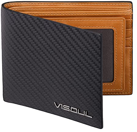 VISOUL Portafoglio Uomo Vera Pelle Portamonete Slim con Protezione RFID, Portafoglio Bifold da Uomo con 8 Porta Carte di Credito, 2 Scomparti Banconote e 2 Finestre ID (Carbonio+Giallo)