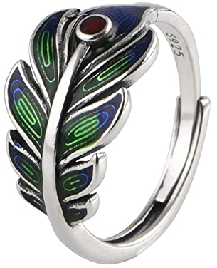 Grün Epoxid Pfauenfeder Ring Retro 925 Sterling Silber Pfauen Feder Ring für Damen Offen Verstellbar