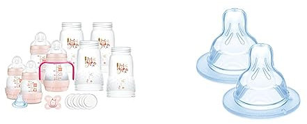 MAM Biberon Easy Start Lot de 8 biberons en formats de 130 ml, 160 ml et 260 ml, 1 sucette de démarrage nano, 4 tampons d'étanchéité, 1 bec, rose & Lot de 2 Tétines Anatomiques 0+ mois Débit 1 Lent