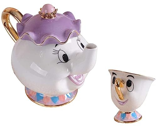 WOLWES Teekanne Und Tasse „Die Schöne Und Das Biest“ Mit Schriftzug, Porzellan-Teeset, Figur, Heimdekoration