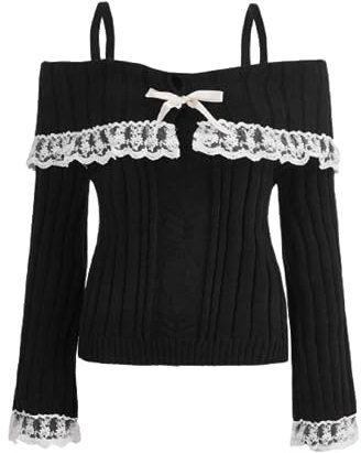 Women Y2K Off Shoulder Sweater Long Sleeve Lace Trim Open Back Straps Knitted Top Cute Pullover Jumper Crop Tops Shirt(Black,XL)