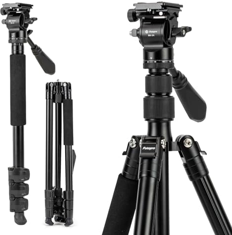 Fotopro 168CM/66inch trépied vidéo, trépied de Voyage en Aluminium et Monopode avec tête Fluide 360 °, trépied d'appareil Photo Professionnel pour DSLR Canon Nikon Sony, Charge jusqu'à 3KG/6.6lbs