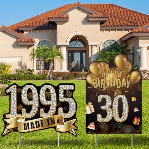 Lot de 2 panneaux de décoration de jardin « Happy 30th Birthday » pour homme et femme, noir et doré, fabriqué en 1994, panneaux de pelouse, fournitures de fête avec piquets, décoration d'extérieur