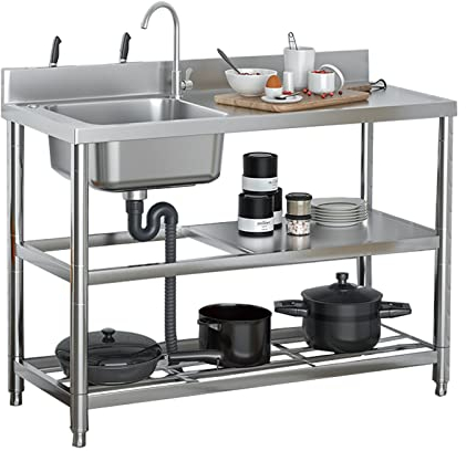 Fregadero Cocina Fregadero independiente de acero inoxidable, juego de fregadero de cocina para restaurante comercial, fregadero industrial con estantes de almacenamiento para banco de trabajo, lavabo