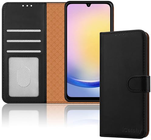iCatchy for Samsung Galaxy A25 Case Leather Wallet Book Flip Folio Stand View Magnetic Protect RFID Blocking Cover compatible with Samsung A25 Phone Cover (Black)