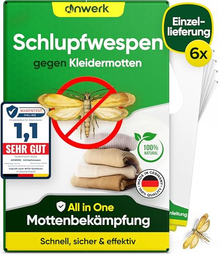 anwerk® Schlupfwespen gegen Kleidermotten - 6 Karten à 1 Lieferungen - Effektiv Kleider Motten bekämpfen - Alternative zur Mottenfalle, Mottenspray, Pheromonfalle