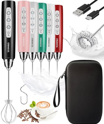 YUSWKO Rechargeable Milk Frother Handheld Frother Wand Drink Mixer for Coffee, Electric Whisk 3 Speed Adjustable, Coffee Foamer Maker with 3 Stainless Whisks Ideal Stirrers for Travel - Black