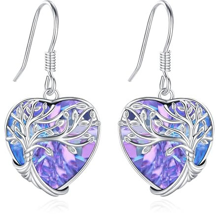 Eusense Pendientes Árbol de la Vida para Mujer Pendientes de Plata de Ley 925 Pendientes de Cristal Corazón Morado Regalos de Joyería para Mujer Niña