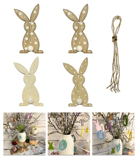 Oblique Unique® Holz Hasen 4er Set zum Aufhängen Anhänger Hängedeko Häschen Osterstrauß Deko Dekoration aus Echtholz für Ostern zum Basteln