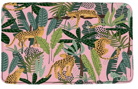 Badematte mit Leoparden-Palmenblättern, rosa, asiatische Tiere, Gepard, Tiger, große Katze, tropische Dschungelpflanze, Safari, kreatives Badezimmer, Mikrofaser, Memory-Schaum, Badezimmerteppich