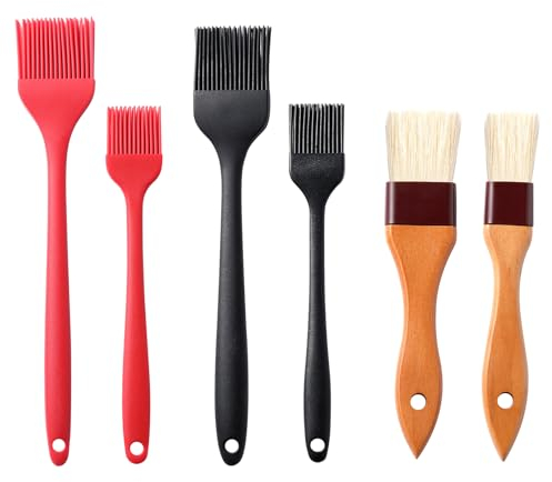 4 Pack Silicone Basting Pastry Brushes with 2 Wood Handle Culinary Oil Brushes, Heat Resistant Brush Set, Perfect for BBQ Sauce Barbecue Butter Grill Baking Kitchen Cooking, BPA Free & Dishwasher Safe