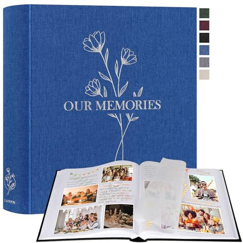Lanpn Fotoalbum zum Selbstgestalten Einkleben, Großes OUR MEMORIES Leinen Fotobuch 160 weißen Seiten mit Pergamin Trennblätter Fasst 9x13 10x15 13x18cm Fotos (30x33,5 cm, Blau)