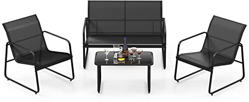 GOPLUS 4 teiliges Gartenmöbel Set, inkl. 2 einzelne Gartenstühle, Zweisitzersofa & Couchtisch, Balkonmöbelset aus atmungsaktivem Stoff & Metall, Sofagarnitur Sitzgruppe für Balkon Garten Terrasse