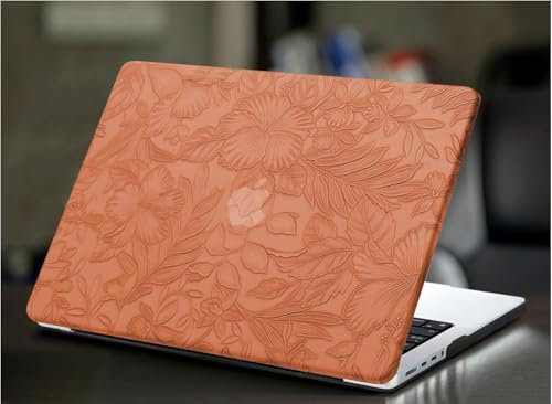 KEROM Hülle für MacBook Pro 13 Zoll 2024-2016 Modell M2 M1 A2338 A2251 A2289 A2159 A1989 A1708 A1706, Strukturiertes Leder Hartschale Case Geprägtes Blumenmuster Schutzhülle und Tastaturschutz, Braun