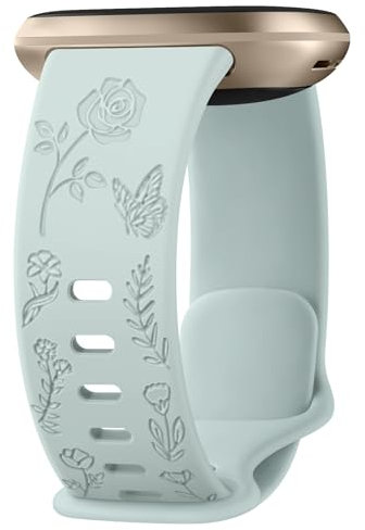 Oumida Armband für Fitbit Versa 3/4, Sense/Sense 2 - Weiches Silikon Mit Blumengravur für Damen und Herren (Hellgrün)