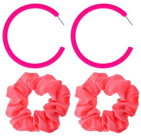 Lot de 2 grandes boucles d'oreilles créoles roses avec chouchous fluo des années 80 pour femme - Accessoires rétro des années 80 - Boucles d'oreilles en acrylique ouvert pour Halloween - Fête sur le
