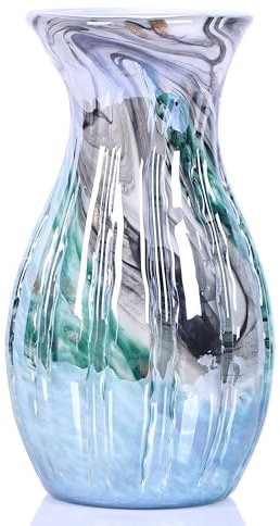 Jarrón de vidrio soplado a mano de 12 pulgadas, jarrón de vidrio verde, decoración de flores, estantes de mesa de comedor, oficina, sala de estar, mesa de centro, centro de mesa, colorido