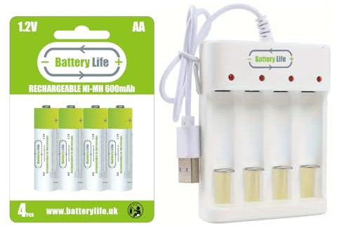 AA Rechargeable Batteries (4 pack) 600mAh NiMH 1.2volt and USB Charger Battery Life