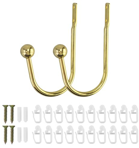 2 Stück Vorhänge Holdbacks, Goldener U-Form Raffbügel mit 20 Gardinengleiter, Metall Vorhang Raffhalter Wandbefestigung U-Form Raffbügel, U-Form Vorhanghalterungen für Wohnzimmer Schlafzimmer