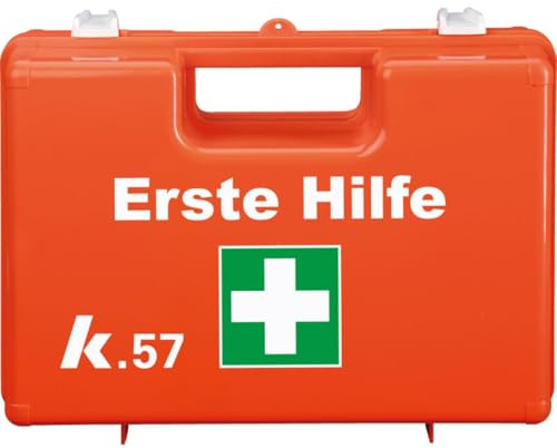 K.57 Erste-Hilfe-Koffer Classic, Füllung DIN 13157:2021, leuchtorange, Maße: 280x200x115 mm, mit Wandhalterung