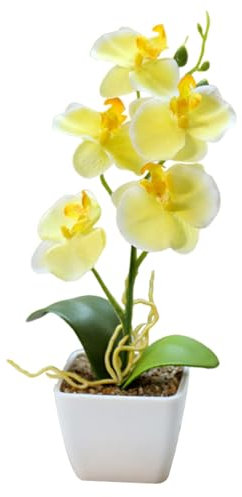 Hbbgdiy Realistische falsche Orchidee, 10,6 Zoll gelbe Kunst Orchidee im Topf, lebendige künstliche Orchideenpflanze mit 5 Blumenköpfen für Hochzeitsdekoration für Heimbüro