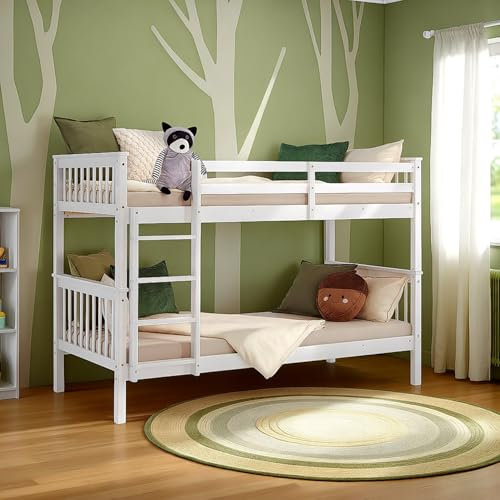 Homestyle4u, Etagenbett für 2 Kinder 90x200 mit Matratze Weiß teilbar Doppelstockbett mit Treppe Hochbett Kinderbett Kiefer Holz massiv