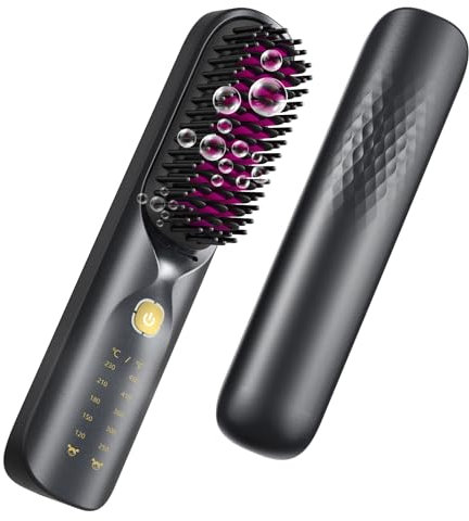 Bopcal Glättbürste Kabellos, 10000mAh Haarglätter Bürste mit Millionen Negative Ionen, Wiederaufladbare Glättungsbürste verhindert Haarziehen, Tragbare Mini Glätteisen für Reise, 6 Wärmestufen,Schwarz