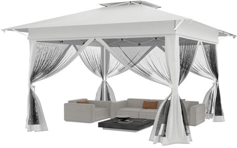 YRHome Weiß Pop Up Pavillon 4x4m Gartenzelt Stabil wasserdicht & Winterfest Faltpavillon Doppeldach 4 Moskitonetzen UV-Schutz höhenverstellbar 210D Oxford-Gewebe inkl. Tragetasche Für Garten