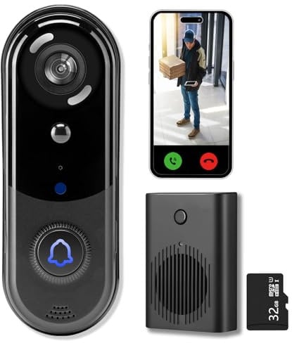 eudic Doorbell Camera Wireless 2K,[ Head-To-Toe View ],3MP Video Doorbell with 32GB SD Card/Cloud Storage,Night Vision, 2-Way Audio, PIR Motion Detection, 2.4Ghz WiFi,Alert (J1-2K-Head to Toe)