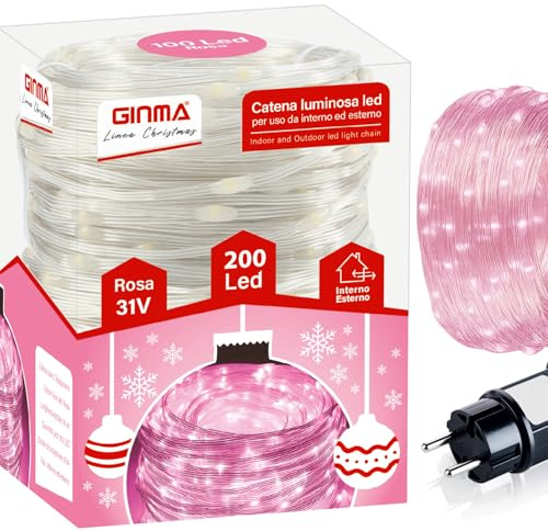 GINMA - Luci Natale LED Interno e Esterno con 8 Effetti Luce, Certificate IP44, Basso Consumo e Impermeabili - Cavo Trasparente (Rosa, 14 Metri (200 LED))