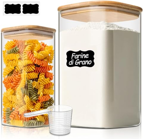 ComSaf Bocaux en verre avec couvercles 1100–3400 ml, lot de 2 | Rangement cuisine, Couvercles en bambou, Macaronis, Ananas séché, Thym, Verre borosilicaté