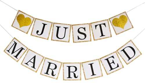 carotoe Wimpelkette für Hochzeit, Party, Brautparty, Dekoration, Vintage-Thema, Fotohintergrund, Papier, Papier, Just Married, Vintage-Banner, Quadratische goldene Liebe J, One size