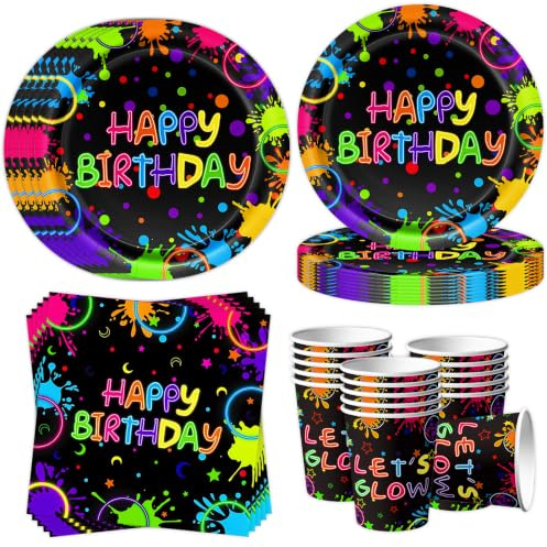 Ensemble de vaisselle de fête néon pour 16 invités, 52 pièces - Assiettes anniversaire avec inscription Happy Birthday - Vaisselle néon pour anniversaire - Assiettes en carton, serviettes et gobelets
