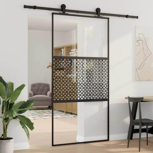 YunCangg Puerta corredera de cristal, color negro, 102,5 x 2 x 205 cm, marco de aluminio para interior con tope de puerta para salón, comedor y separación de habitaciones, diseño moderno