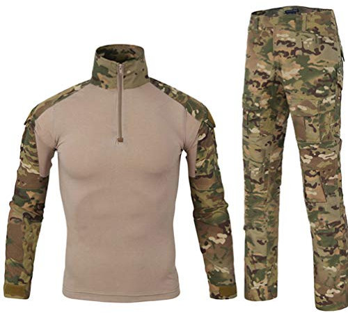 YuanDian Herren Tactical Camouflage Uniformen 2 Stück Sets Outdoor Militär Combat Frosch Anzug Armee Jagd Hosen Atmungsaktiv Langarm T Shirt Top Tarnmuster Bekleidung MC Camo L