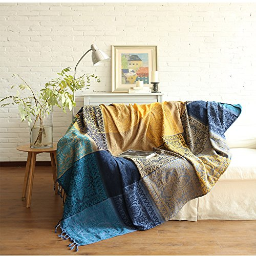 SHANNA Mantas para Cama, Mantas Foulard, Manta para Sofá, Funda Multiusos Foulard Cubre, Manta en Diseño de Patchwork Chenilla, Cálida Decorativa para El Hogar, Oficina, Viajes(Tíbet Azul, 150x190cm)