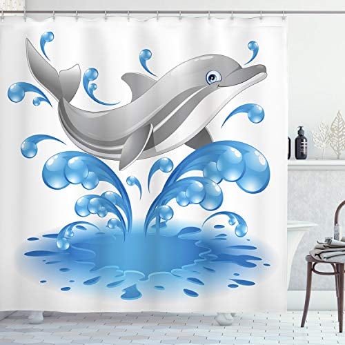 ABAKUHAUS Delphin Duschvorhang, Tier Sealife Cartoon, Stoffliches Gewebe Badezimmerdekorationsset mit Haken, 175 x 180 cm, Blau und Grau