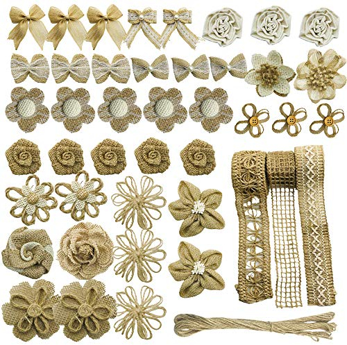 Allazone 46 Stück Juteband mit Spitze Weiß, Natürliche Sackleinen Blumen Set, Bände Weißes Spitzenband Sackleinen Blumenset, Faden Band und Klebepunkte für Hochzeit, Party, Dekoration