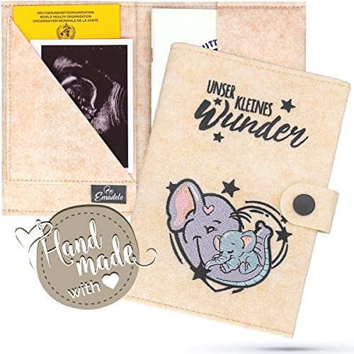 Emadele Mutterpasshülle Elefant 'Unser Kleines Wunder' aus Filz Handmade Beige. Mutterpass Schutzhülle Organizer Fächer für Ultraschallbilder, Impfpass-Hülle A5 Format für deutschen Mutterpass