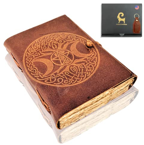 Urban Leather Celtic Moon Tree Embossed Handmade Journal with Antique Deckle Edge Pages for Men Women, Sketchbook Drawing Scrapbook Writing Notebook, Blank Unlined Pages