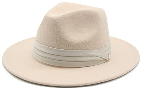 QBQZXAOSOWH Fedora Trilby Hüte Für Damen Fedora-Hüte Klassische Panama-Männer Breite Krempe Filzhut Kirche Hochzeit Filzband 56-58 cm (Erwachsene) Beige