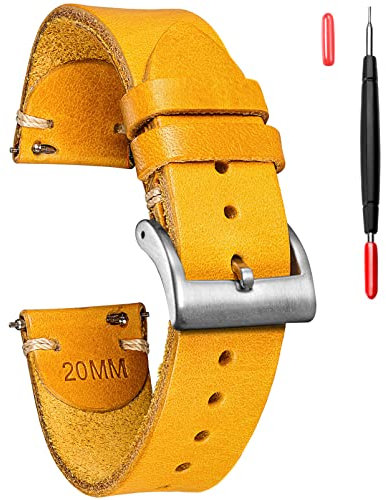 torbollo Men's Watch Bands, 22mm Italian Buttero leather Watch Strap Quick Release Vintage Replacement Wrap Yellow