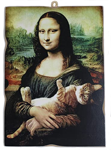 KUSTOM ART Bild im Vintage-Stil La Gioconda Mona Lisa L. Da Vinci Mit Katze Druck auf Holz 18 x 25 cm