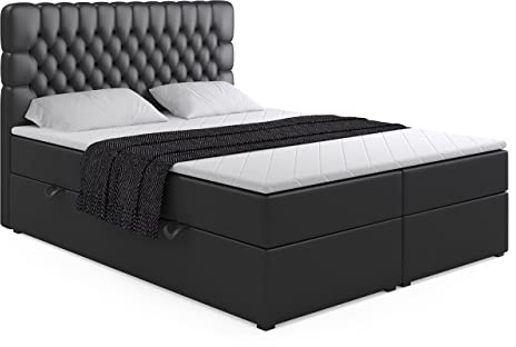 ALTDECOR Boxspringbett mit Matratze und Lattenrost, Boxbett, Topper, Polsterbett mit Bettkasten, Bett mit Stauraum H3-Matratze, Doppelbett, Springboxbett - Serene - 180x200 - Schwarz Kunstleder